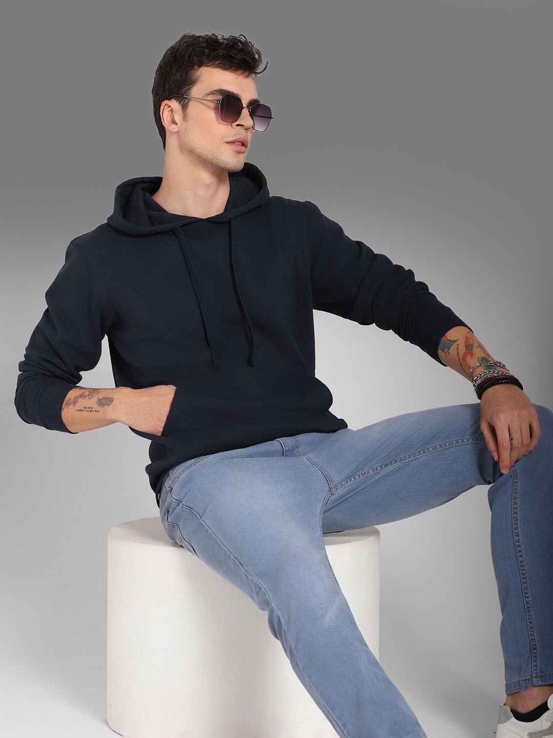 

High Star Hooded Long Sleeves Pullover Sweatshirt, Blue