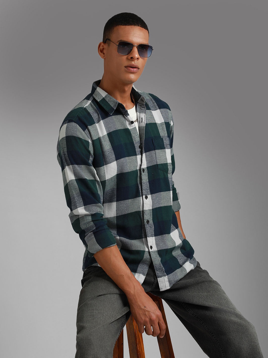 

High Star Classic Checked Spread Collar Long Sleeve Cotton Casual Shirt, White