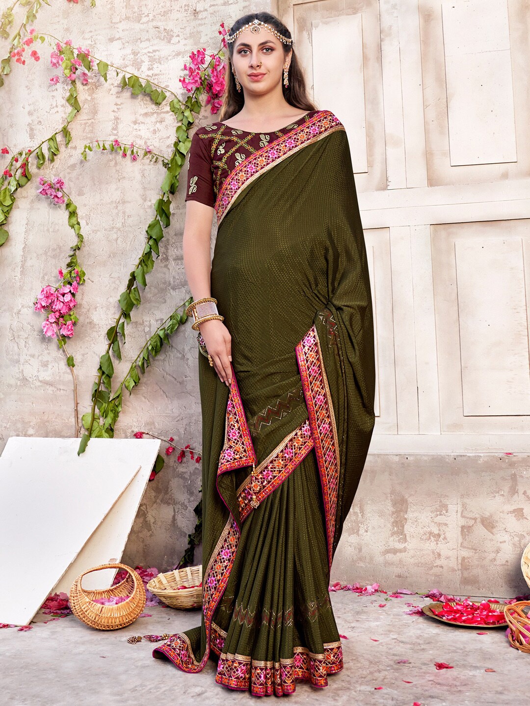 

Saree mall Woven Design Beads and Stones Detail Sarees, Olive