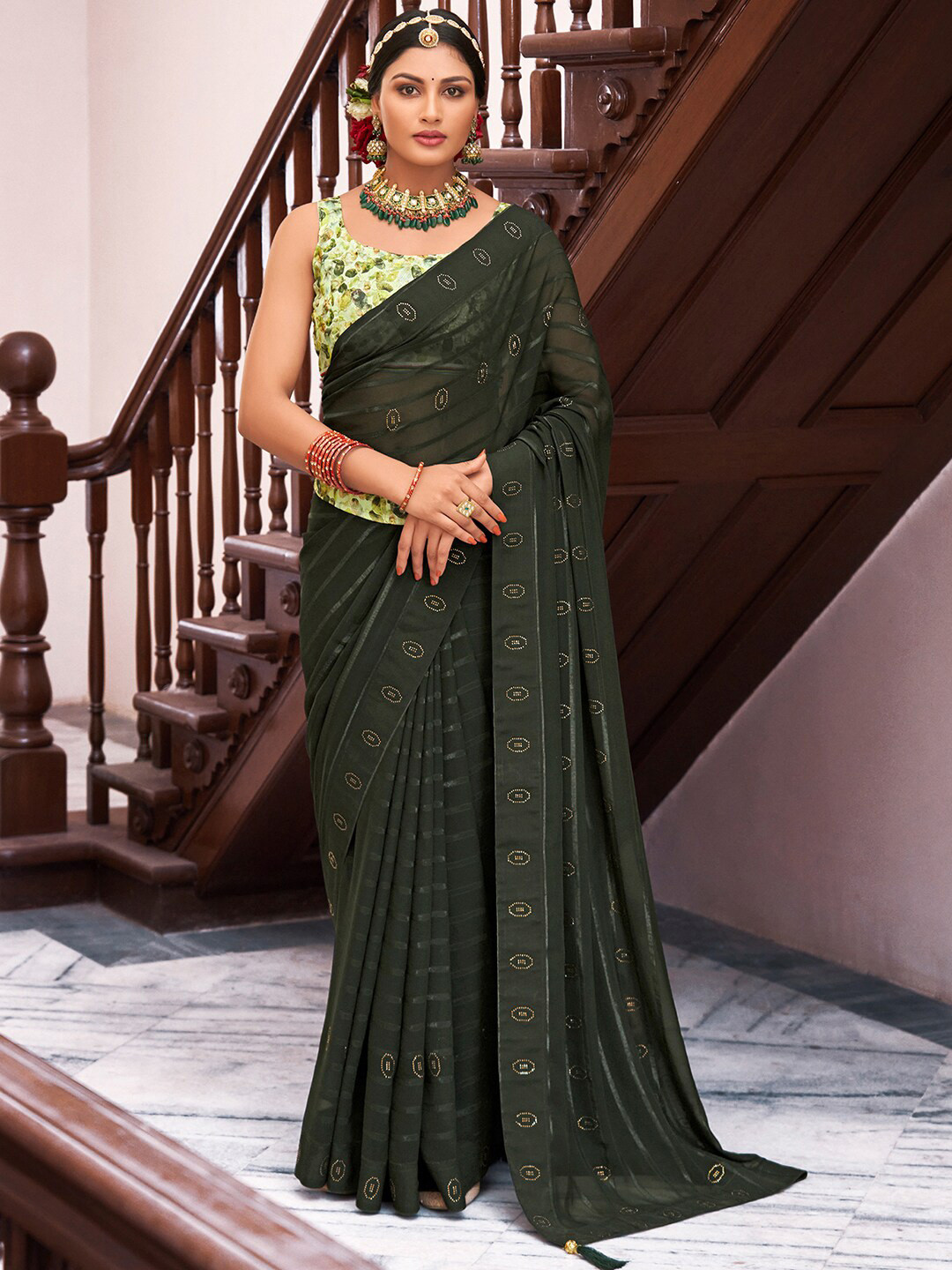 

Saree mall Geometric Embellished Beads and Stones Pure Georgette Sarees, Green