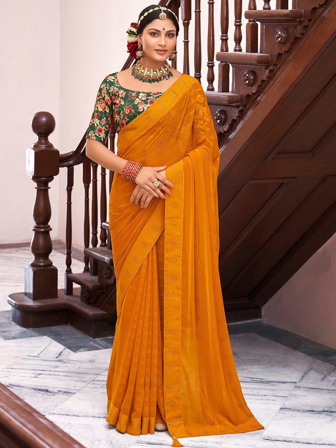 

Saree mall Geometric Embellished Beads and Stones Pure Georgette Sarees, Mustard