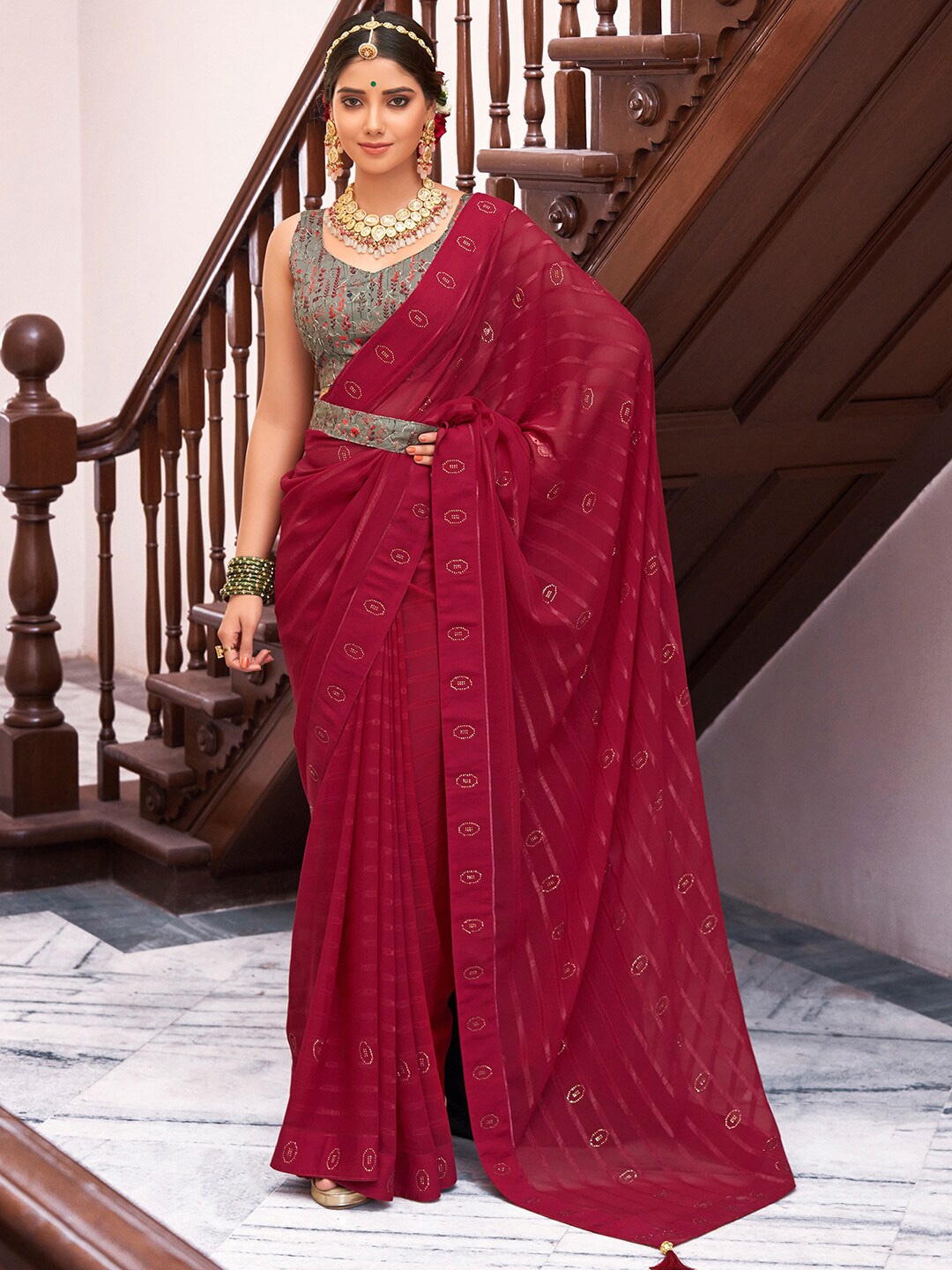 

Saree mall Striped Woven Design Pure Georgette Sarees, Pink