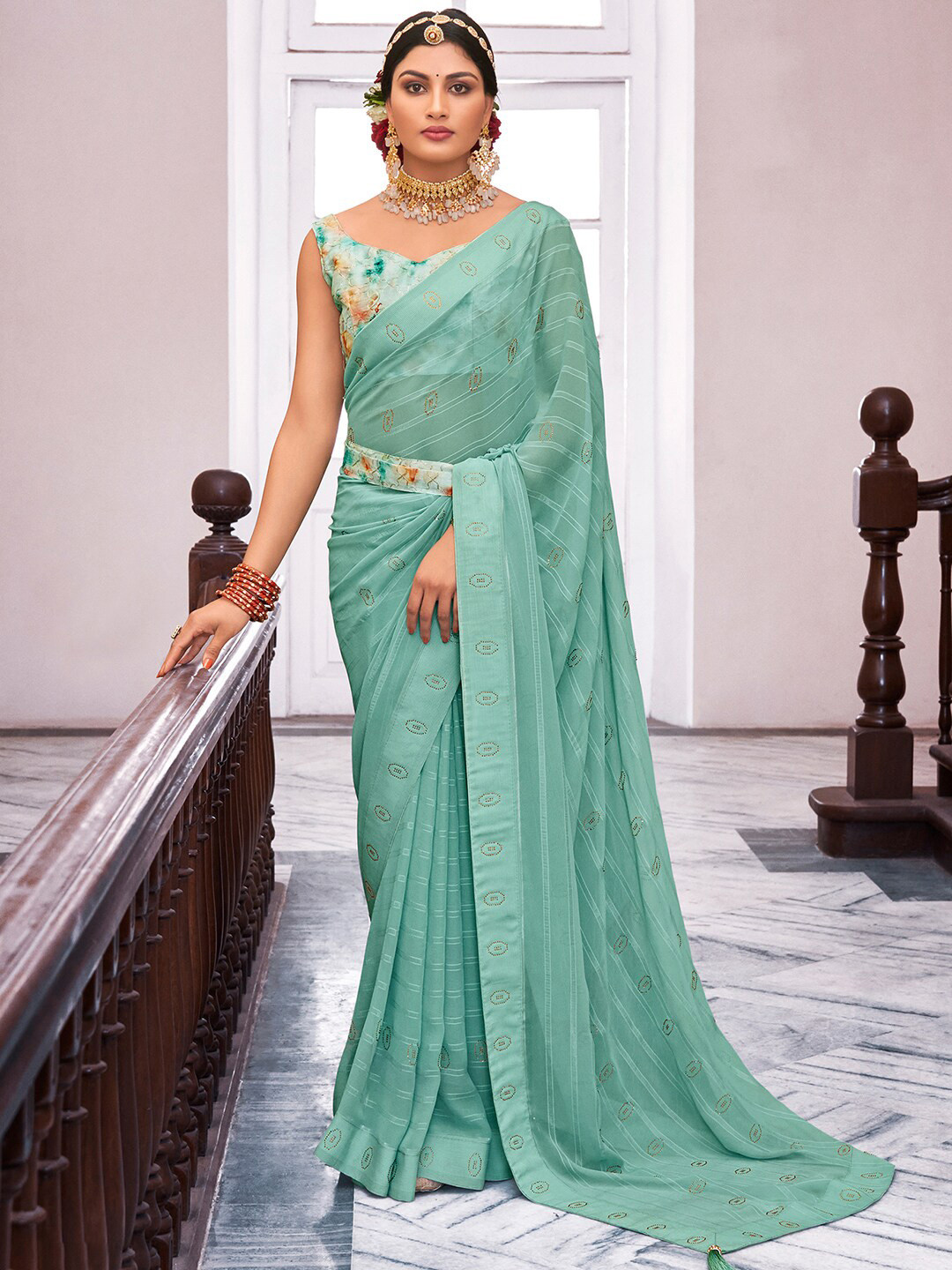 

Saree mall Striped Embellished Pure Georgette Sarees, Turquoise blue