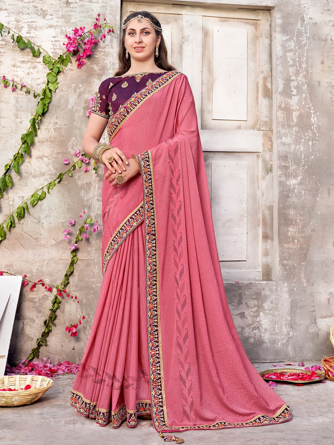 

Saree mall Abstract Printed Pure Chiffon Sarees, Mauve