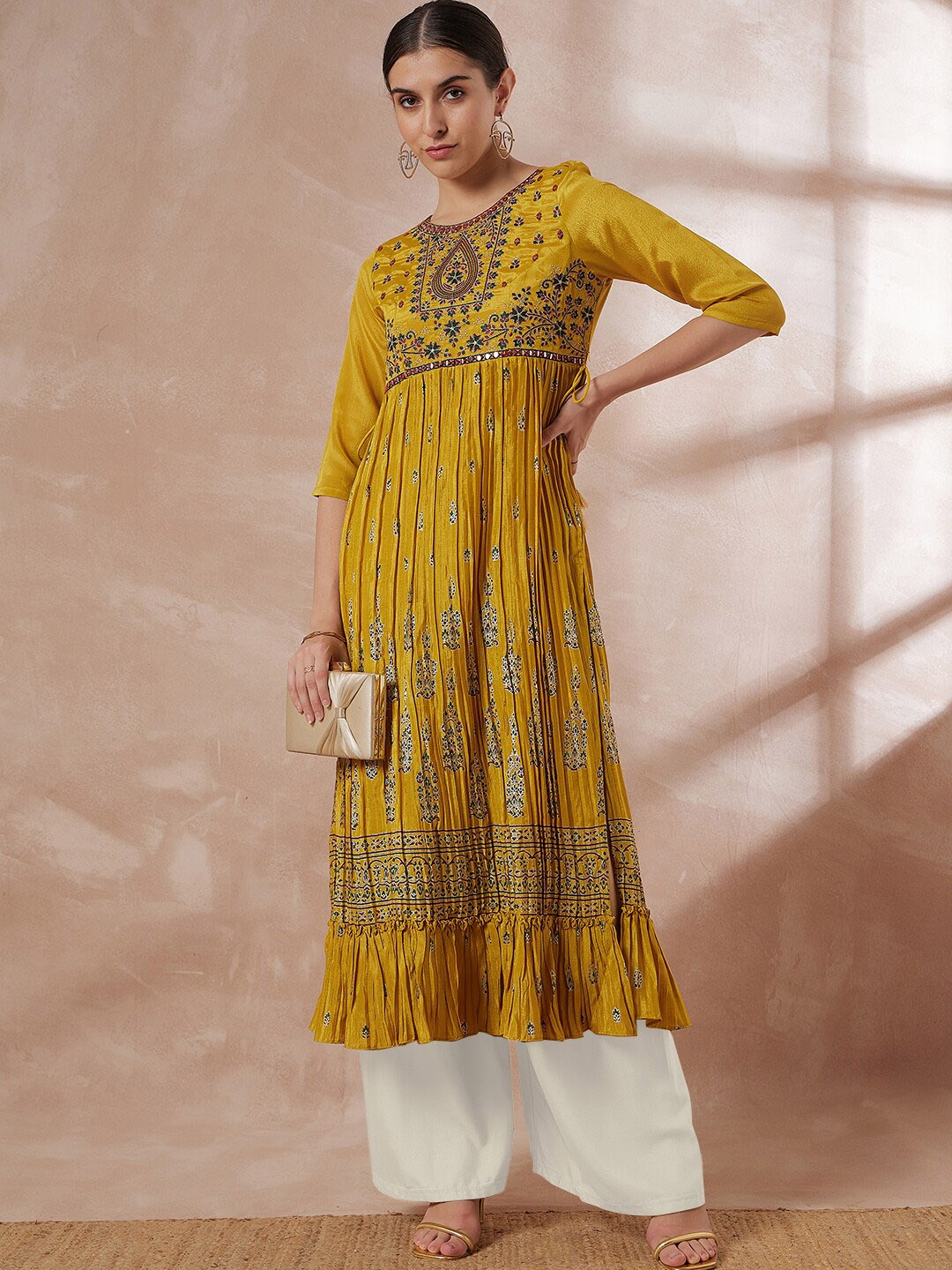 

SWAGG INDIA Ethnic Motifs Printed Thread Work Pleated Kurta, Mustard