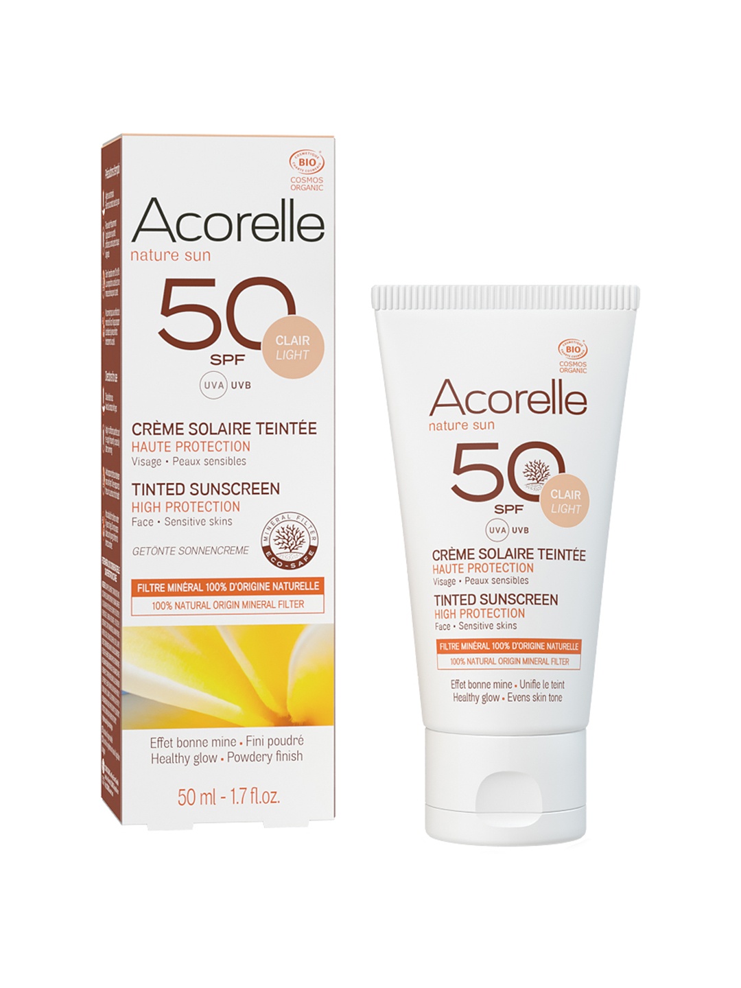 

Acorelle High Protection UVA & UVB SPF 50 Face Tinted Sunscreen 50ml - Clair Light, White