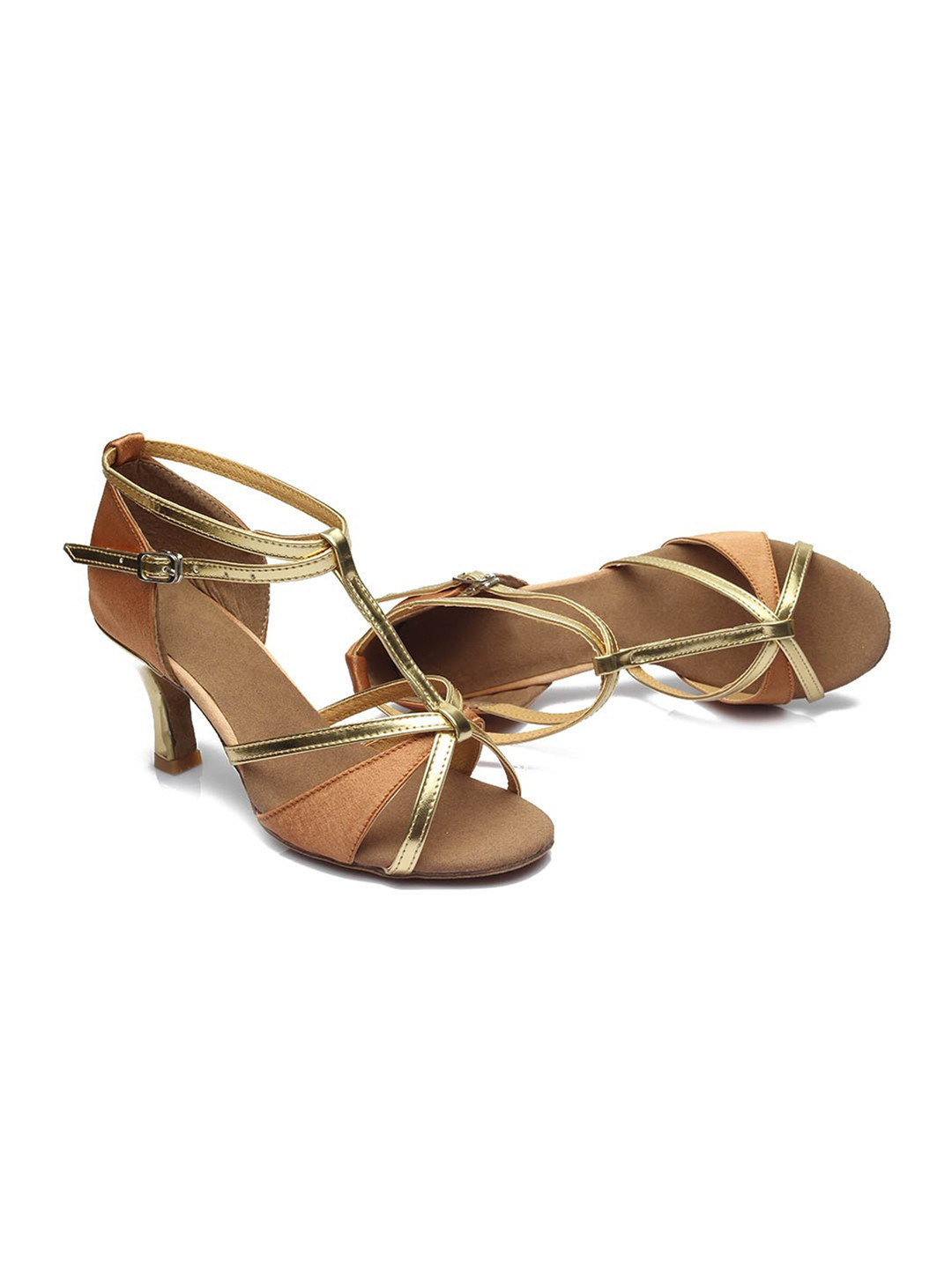 

IKAANYA Salsa Latin Ballroom Dance Kitten Heels Sandals With Buckles, Brown