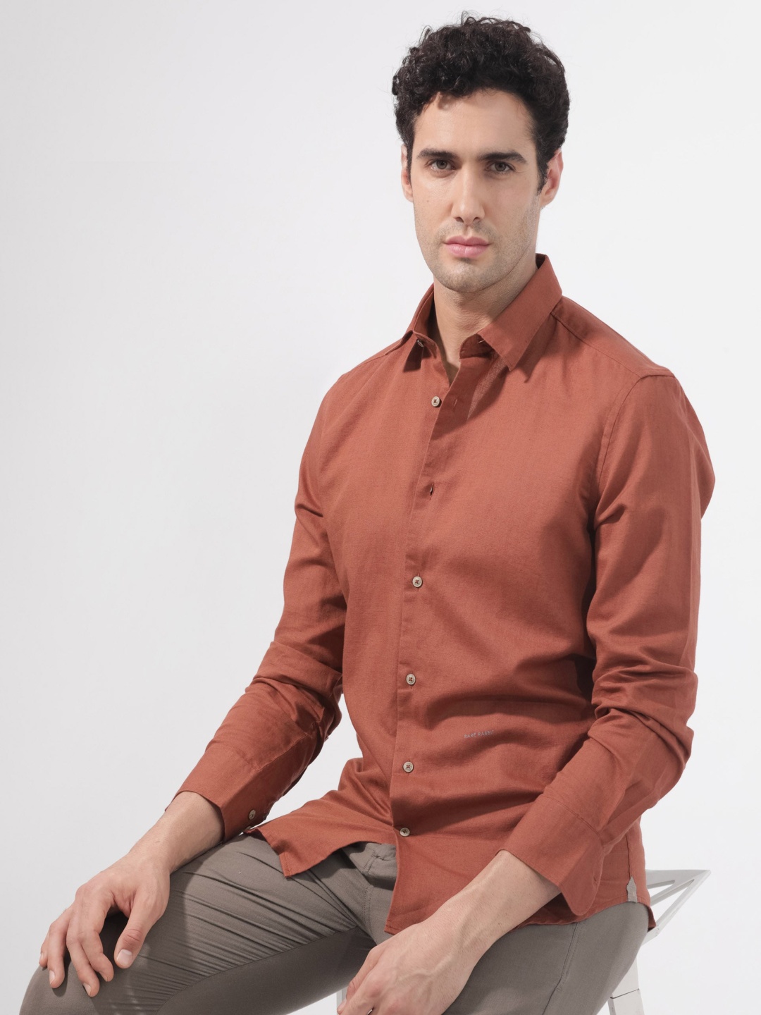 

RARE RABBIT Men Linux Slim Fit Opaque Cotton Shirt, Rust