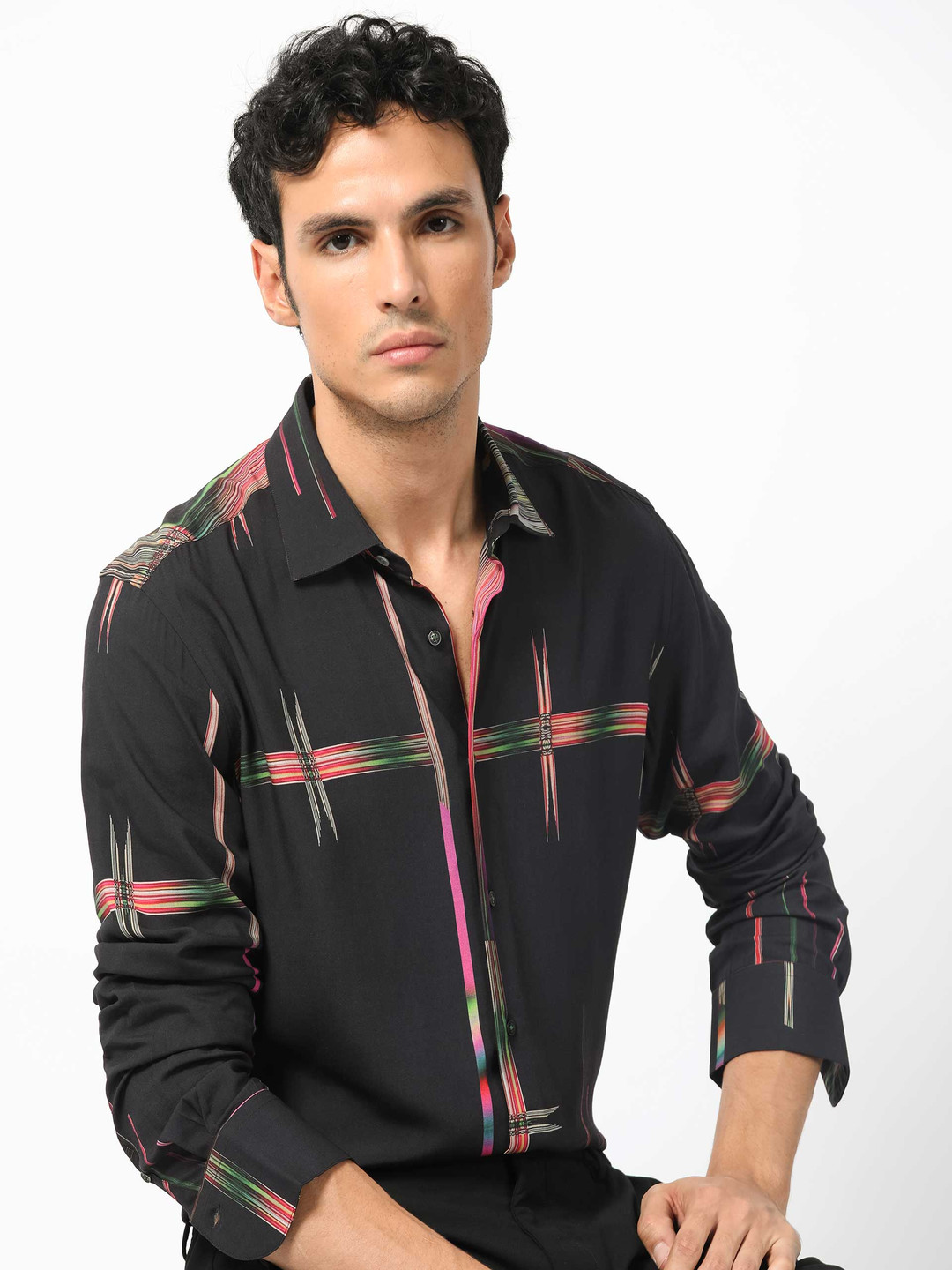 

RARE RABBIT Men Dale Slim Fit Graphic Printed Cotton Shirt, Black