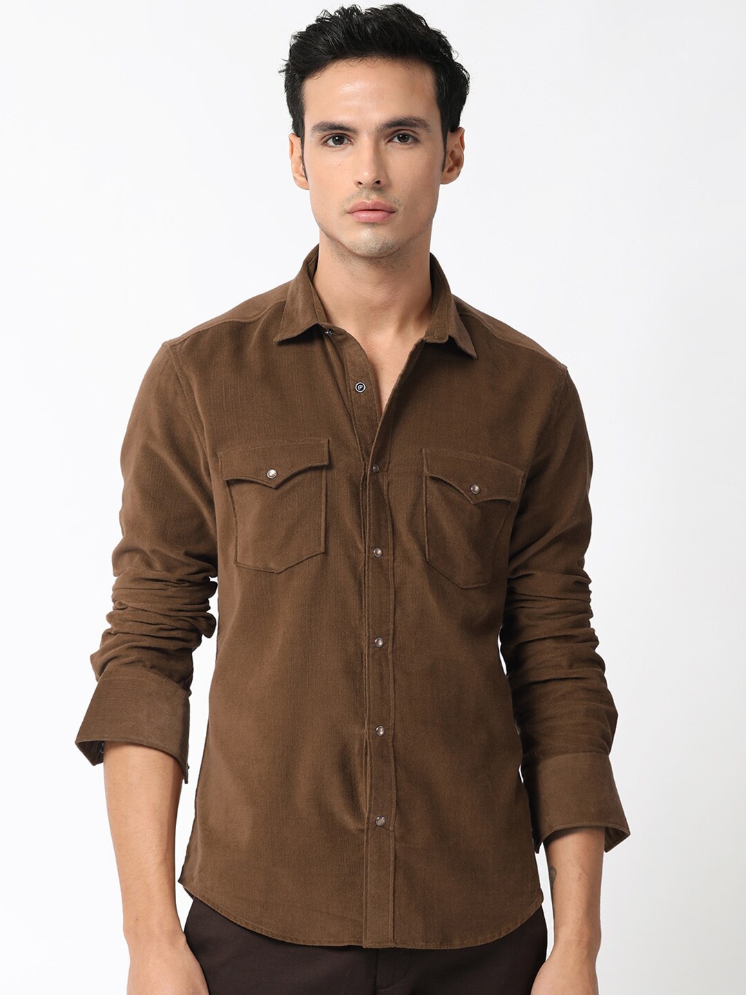 

RARE RABBIT Men Cordini Slim Fit Cotton Shirt, Brown