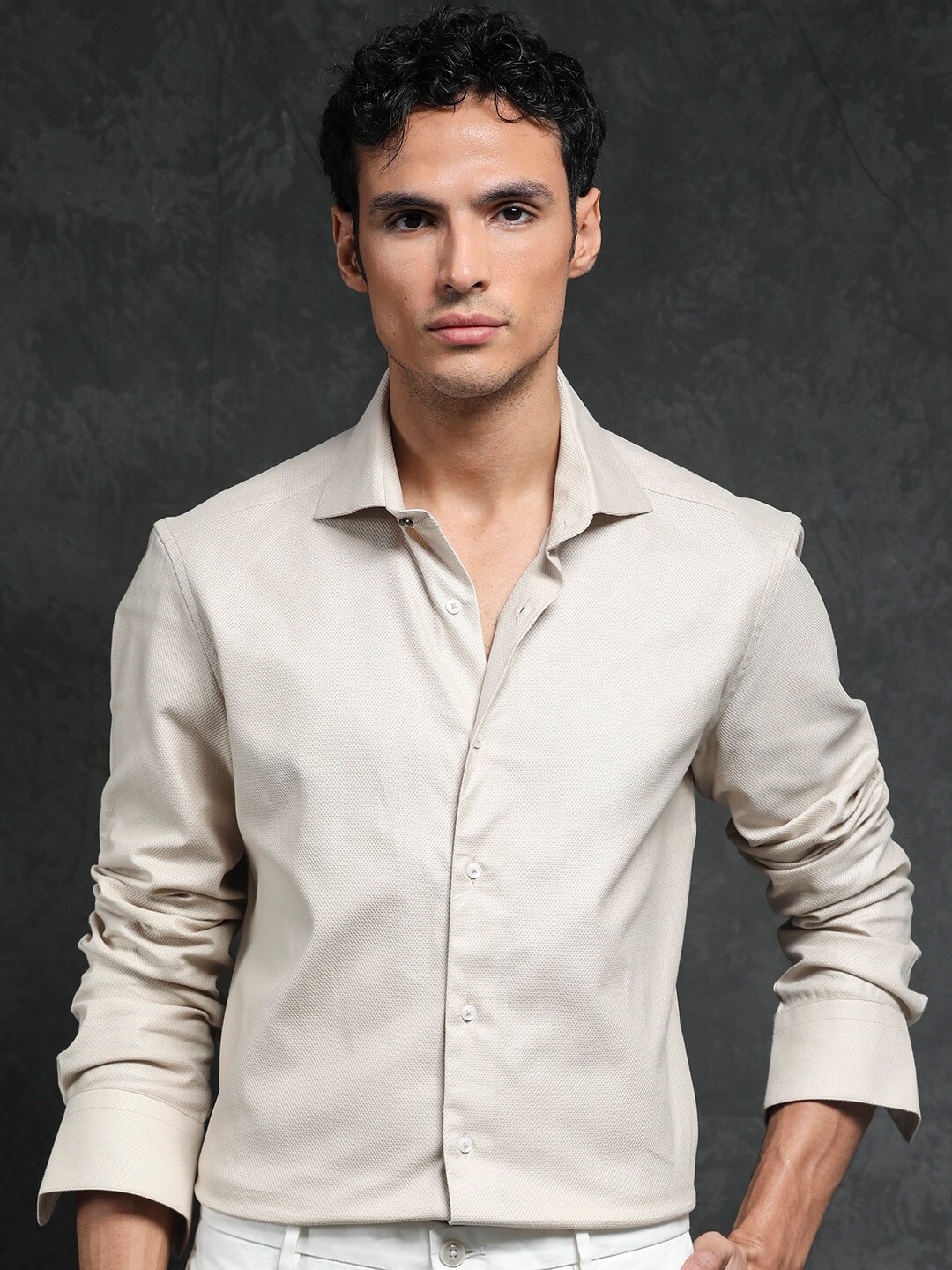 

RARE RABBIT Men Comb-1 Slim Fit Textured Cotton Shirt, Beige