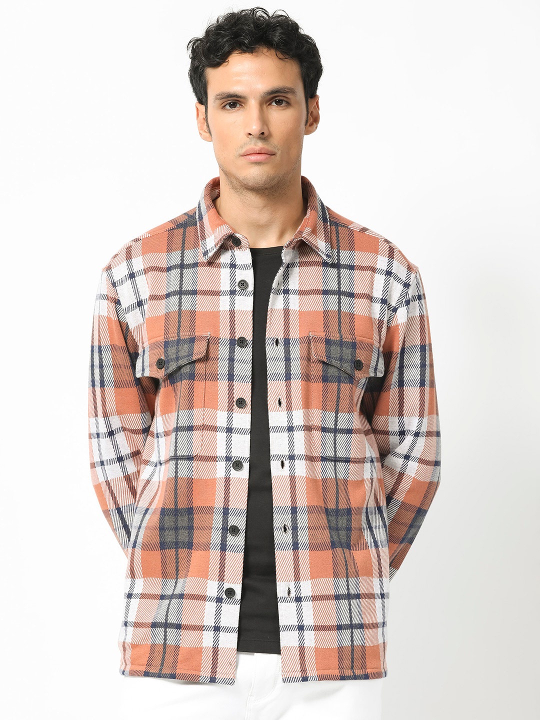 

RARE RABBIT Men Bello Tartan Checked Cotton Shacket, Rust
