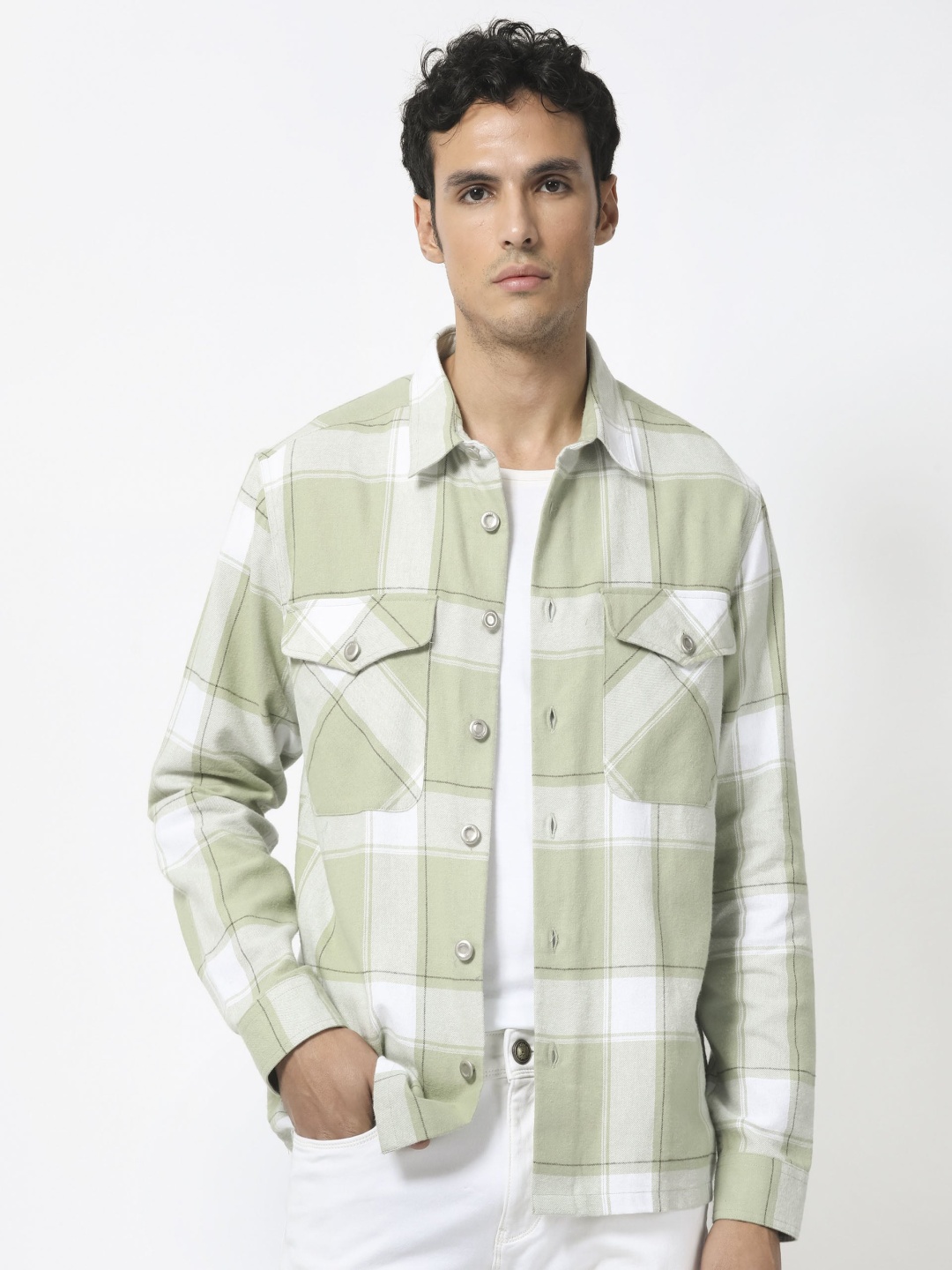 

RARE RABBIT Men Areo Checked Cotton Shacket, Green