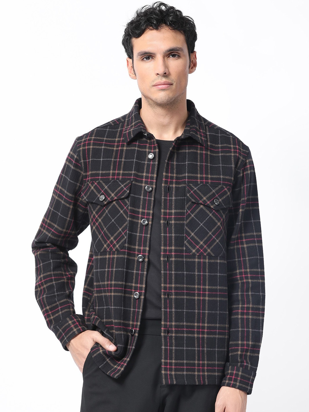 

RARE RABBIT Men Roche Checked Spread Collar Cotton Tailored Shacket, Black