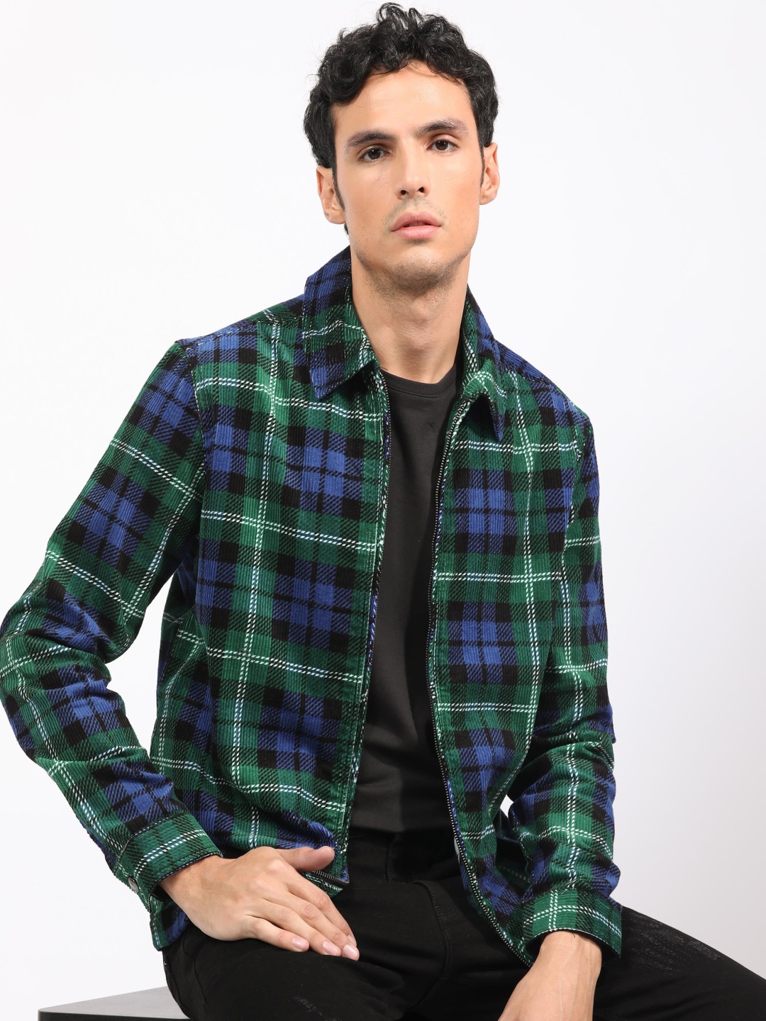 

RARE RABBIT Men Marino Checked Spread Collar Cotton Shacket, Blue