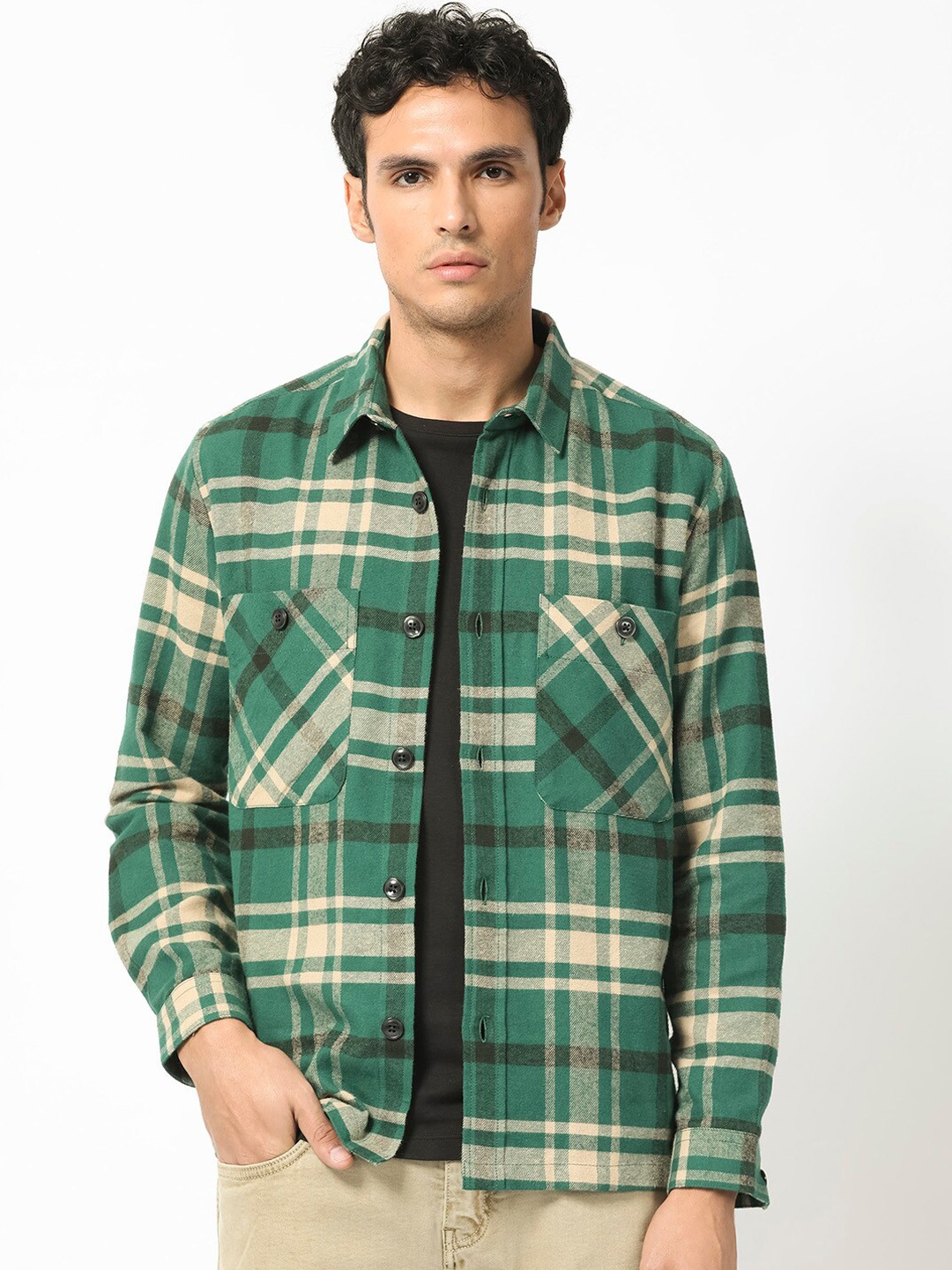 

RARE RABBIT Men Nero Geometric Checked Longline Tailored Shacket, Green