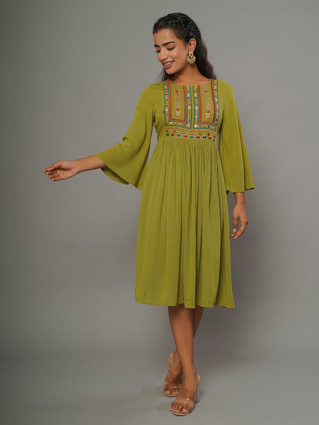 

CRAFTED FOR YOU Embroidered Bell Sleeve Fit & Flare Ethnic Dress, Green
