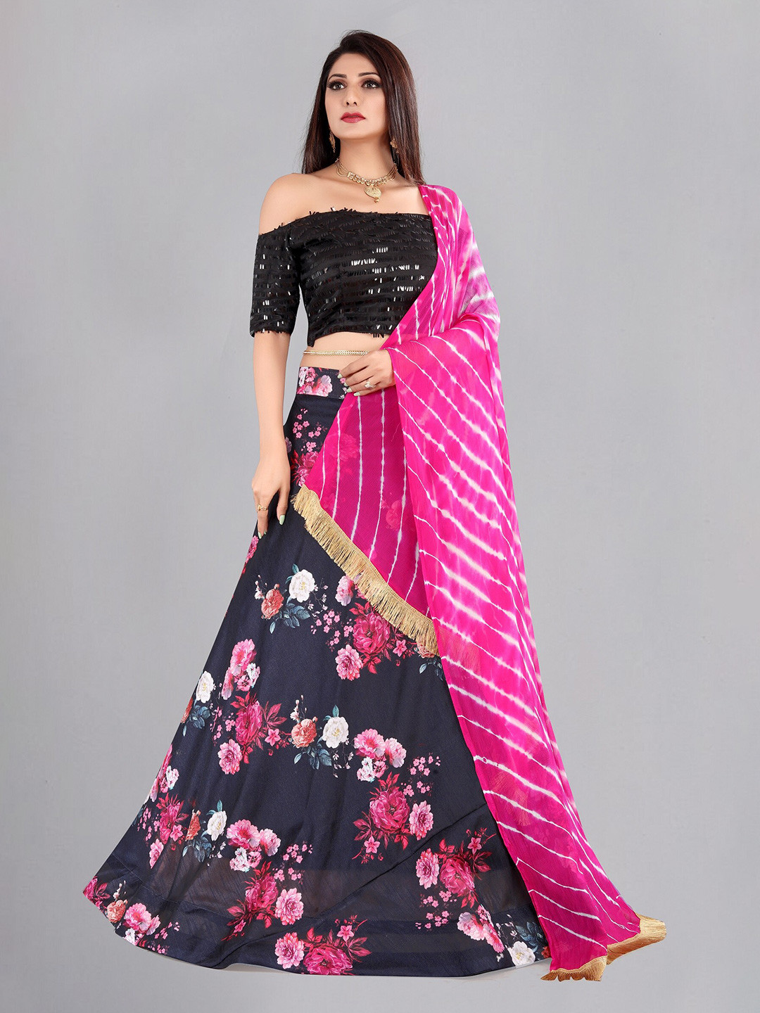 

KALINI Embellished Thread Work Ready to Wear Lehenga & Unstitched Blouse With Dupatta, Black