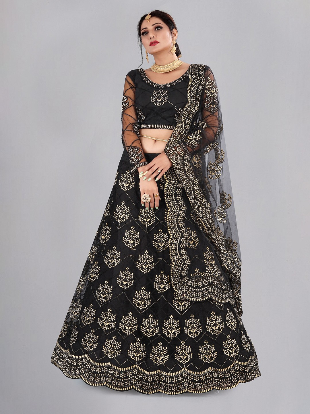 

KALINI Embroidered Thread Work Ready to Wear Lehenga & Unstitched Blouse With Dupatta, Black