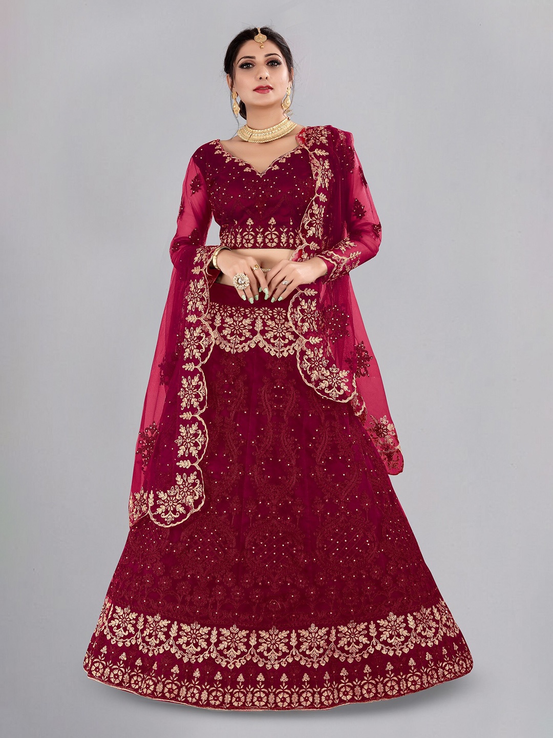 

KALINI Embroidered Thread Work Ready to Wear Lehenga & Unstitched Blouse With Dupatta, Maroon