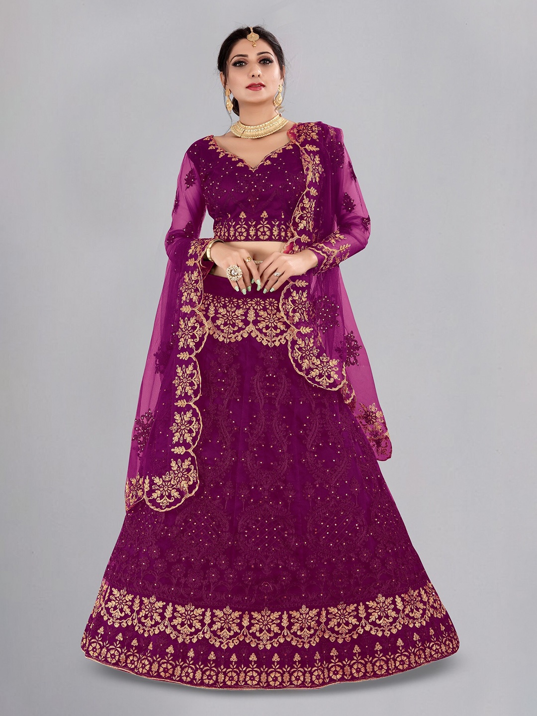 

KALINI Ethnic Motif Embroidered Ready to Wear Lehenga & Unstitched Blouse With Dupatta, Purple