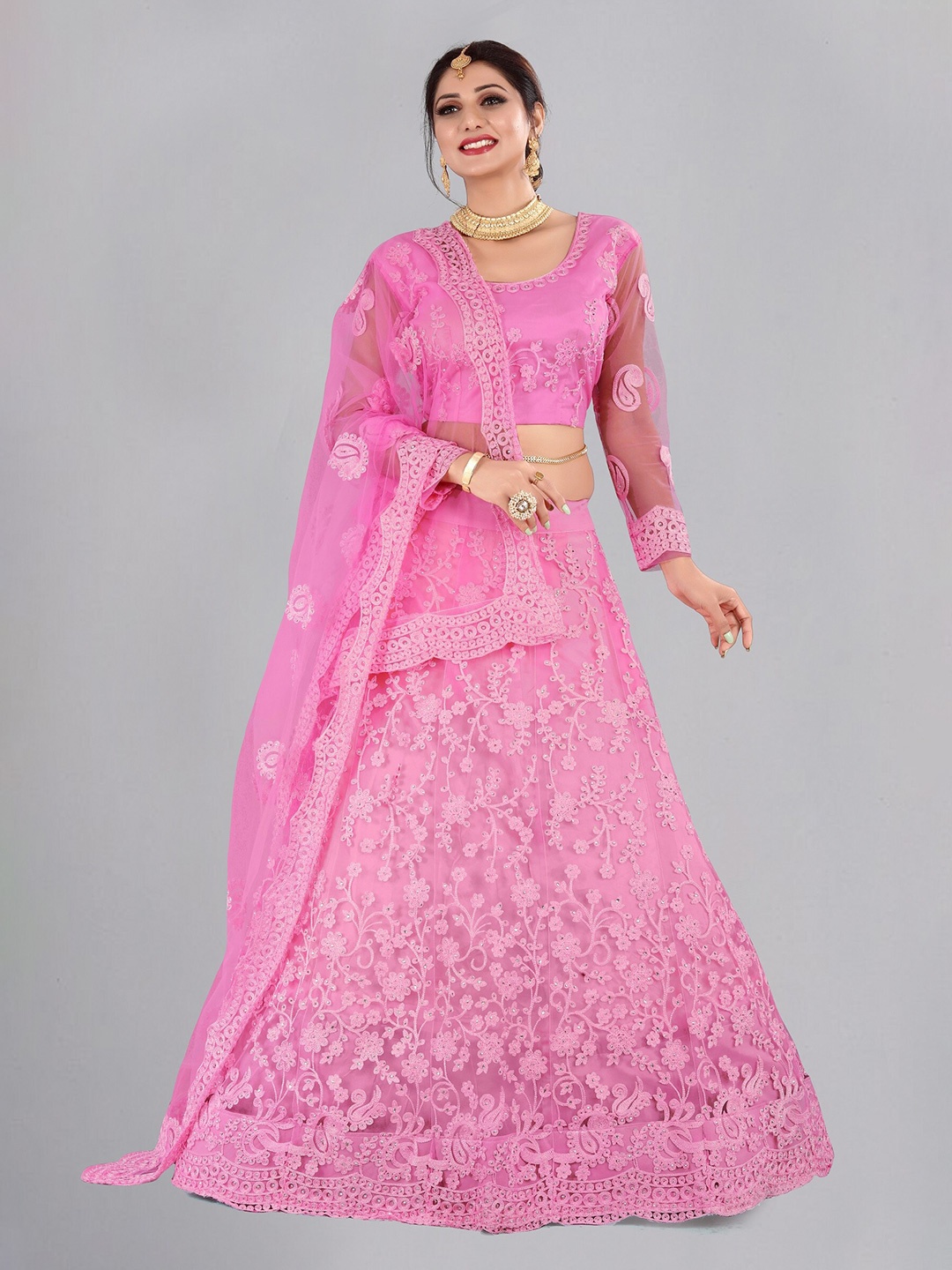 

KALINI Embroidered Thread Work Ready to Wear Lehenga & Unstitched Blouse With Dupatta, Pink