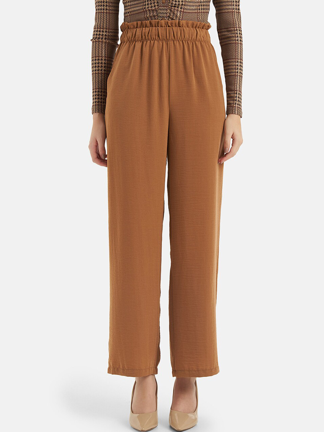 

Kazo Women Smart Loose Fit High-Rise Parallel Trousers Trousers, Brown