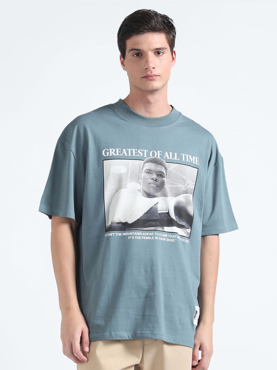 

Flying Machine Oversized Graphic Printed Drop-Shoulder Sleeves Cotton T-shirt, Blue