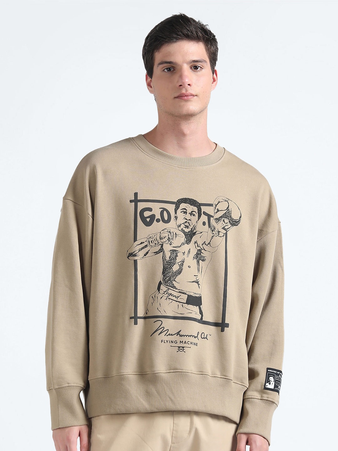 

Flying Machine Graphic Printed Pure Cotton Oversized Pullover Sweatshirt, Brown