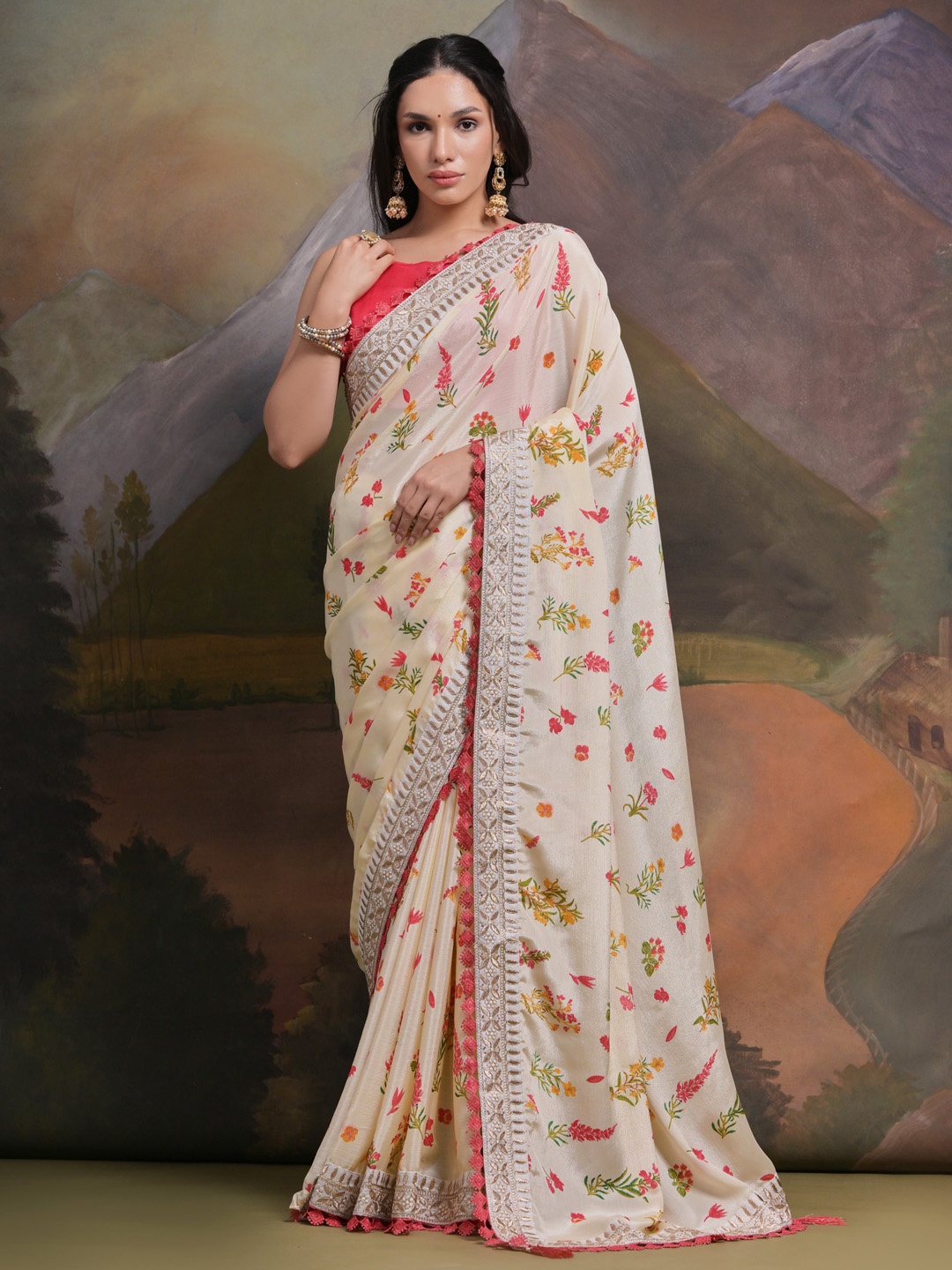 

Sangria Floral Embellished Chiffon Saree, Off white