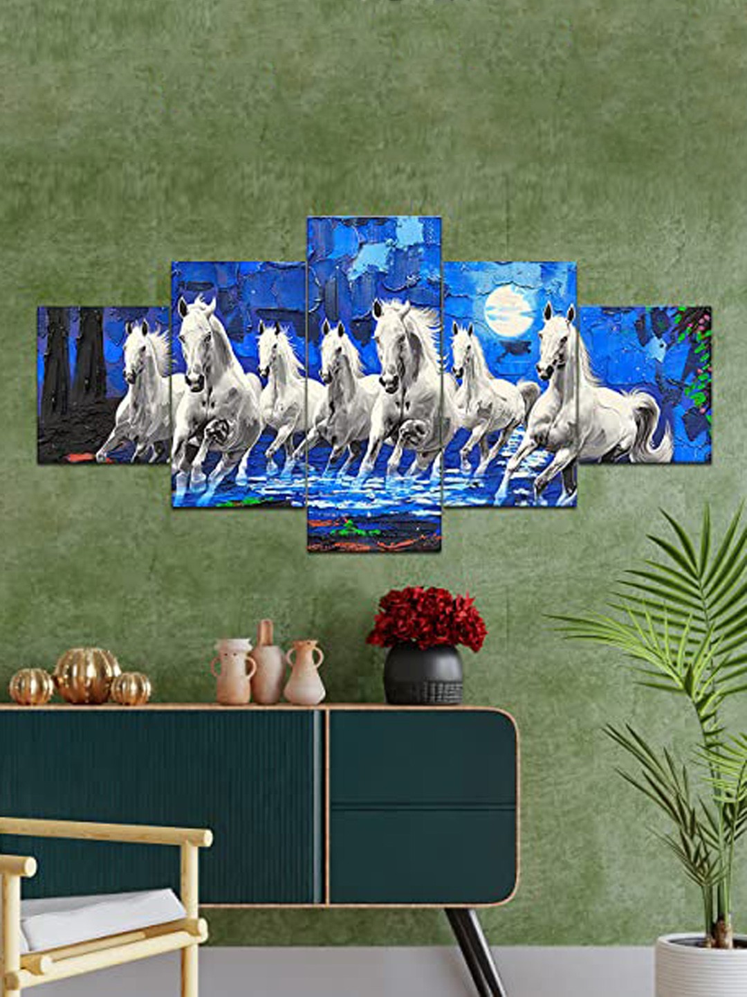 

Perpetual Blue & White 5 Pieces 7 Horses Painting Wall Art