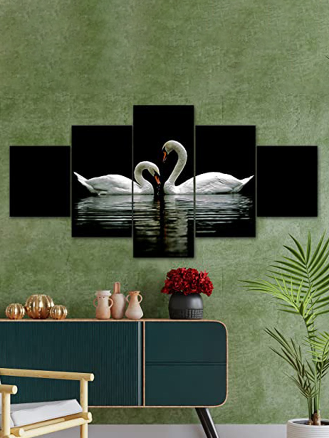 Perpetual Black & White 5 Pieces Two Swan Paiting Wall Art, Multi
