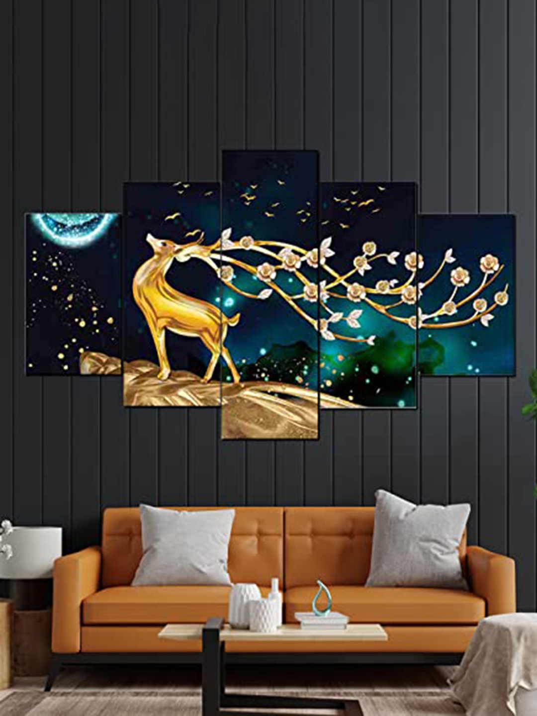 

Perpetual Gold Toned 5 Pieces Deer Abstract Landscape Wall Art