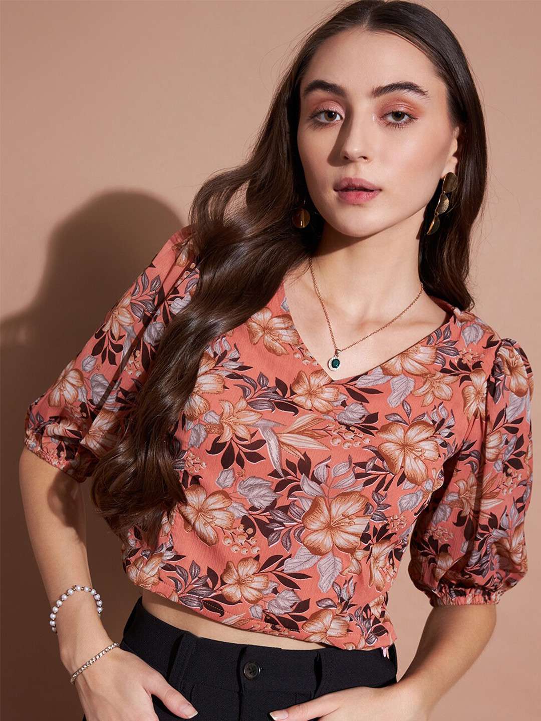 

DressBerry Floral Printed Chiffon Top, Rust