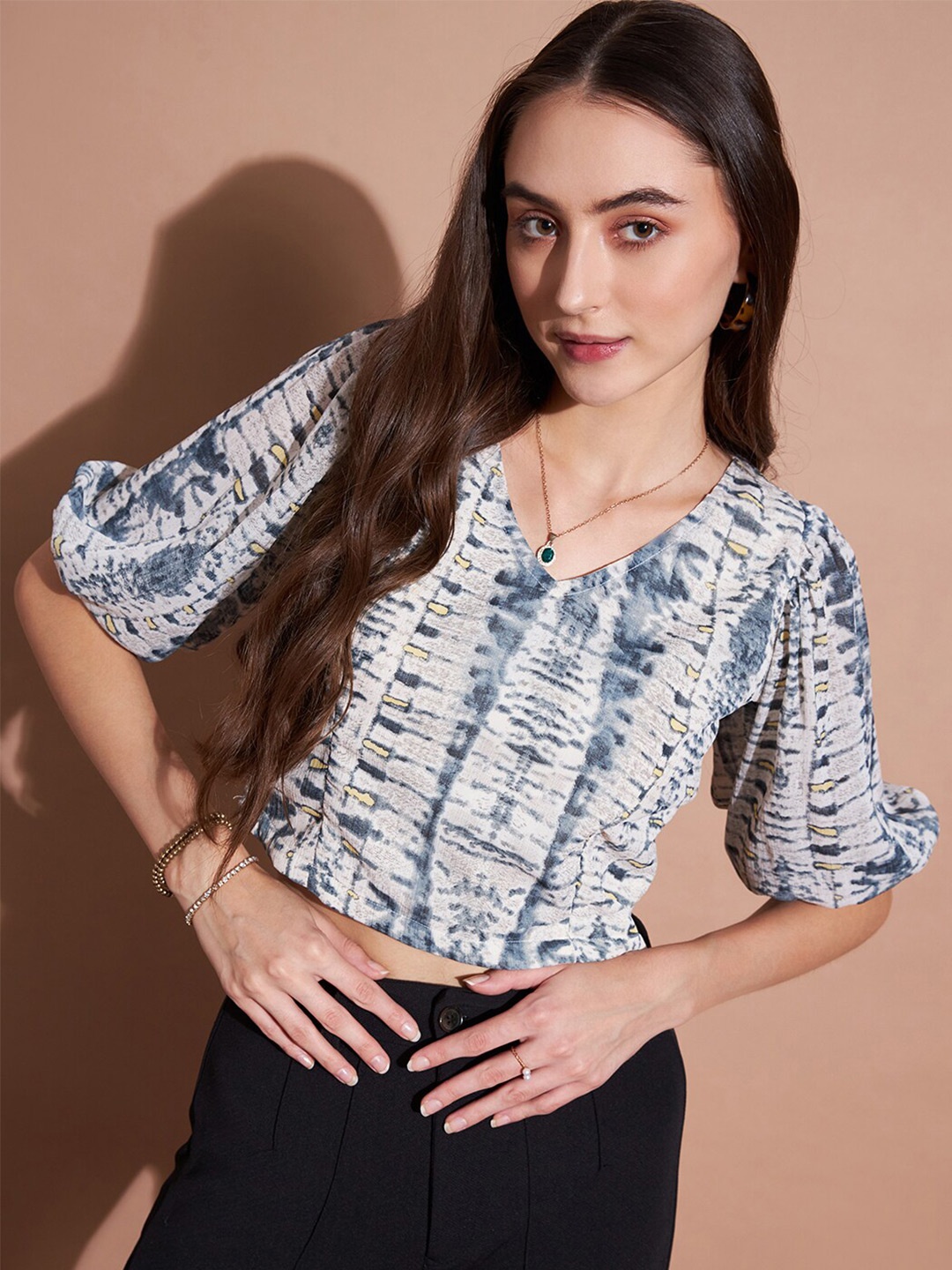 

DressBerry Tie and Dye Puff Sleeves Chiffon Top, Grey