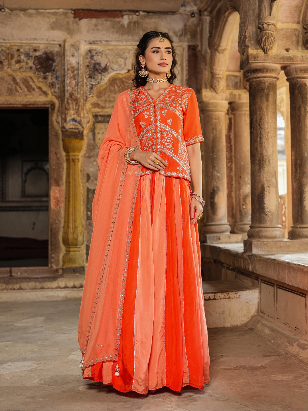 

SCAKHI Embellished Beads and Stones Ready to Wear Lehenga & Blouse With Dupatta, Orange