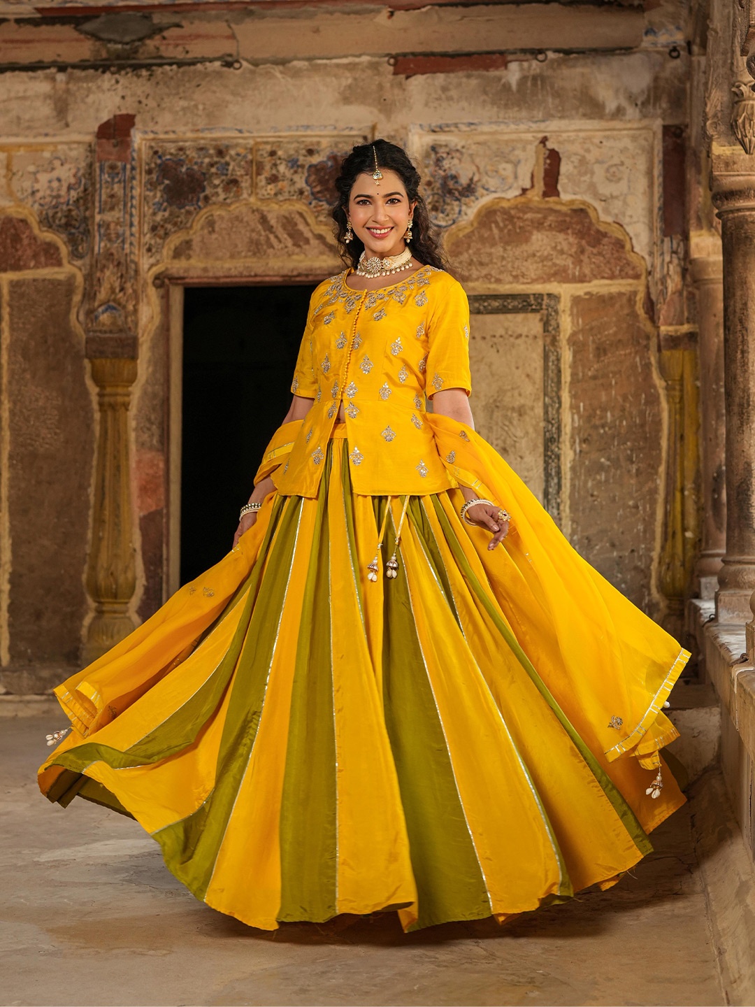 

SCAKHI Embellished Beads and Stones Ready to Wear Lehenga & Blouse With Dupatta, Mustard