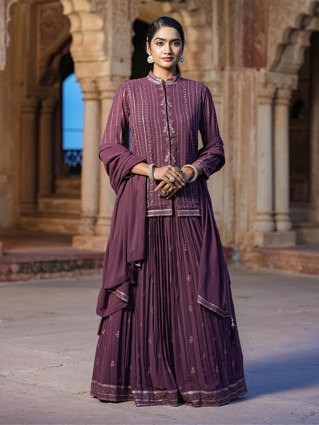 

SCAKHI Embellished Sequinned Ready to Wear Lehenga Choli & Dupatta With Jacket, Mauve