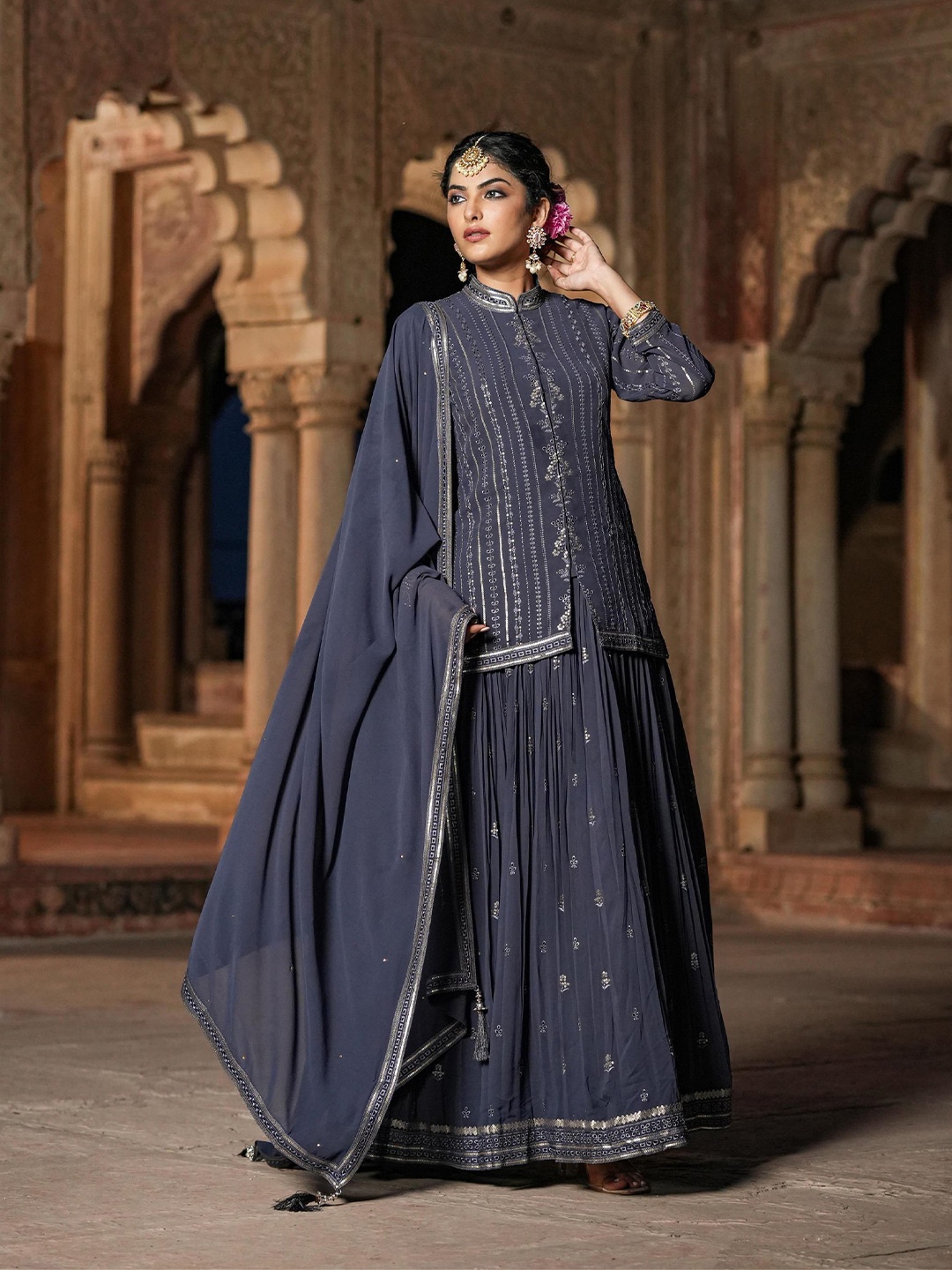 

SCAKHI Embellished Sequinned Ready to Wear Lehenga Choli & Dupatta With Jacket, Grey
