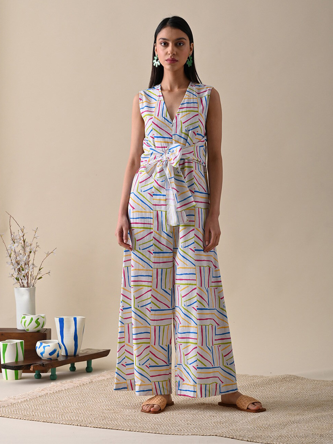 

Kanelle Striped V-Neck Waist Tie-Ups Cotton Basic Jumpsuit, White
