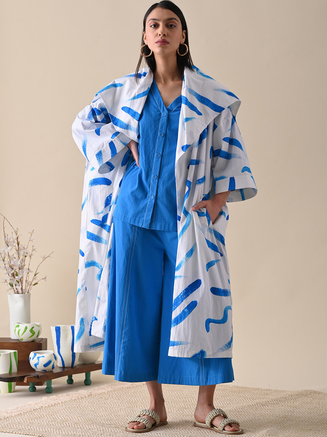 

Kanelle Printed Cotton Front Open Longline Overcoat, White