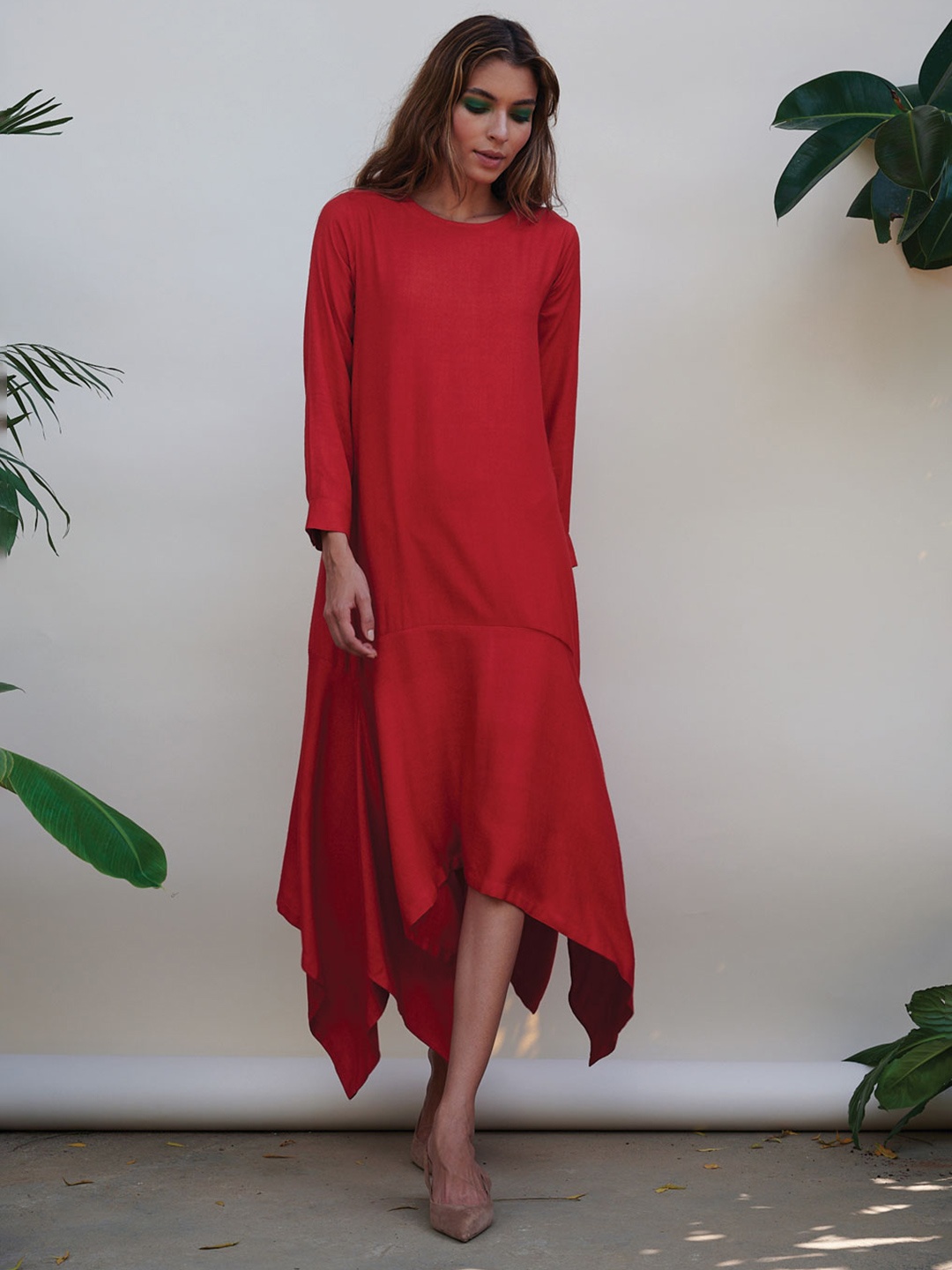 

Kanelle Cuffed Sleeves A-Line Midi Dress, Red