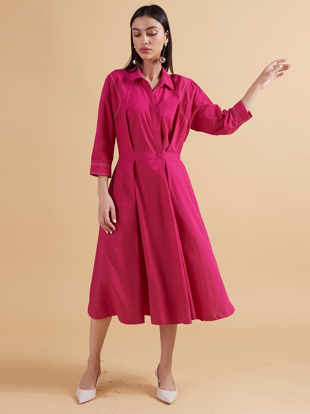

Kanelle Shirt Collar Fit & Flare Cotton Midi Dress, Pink