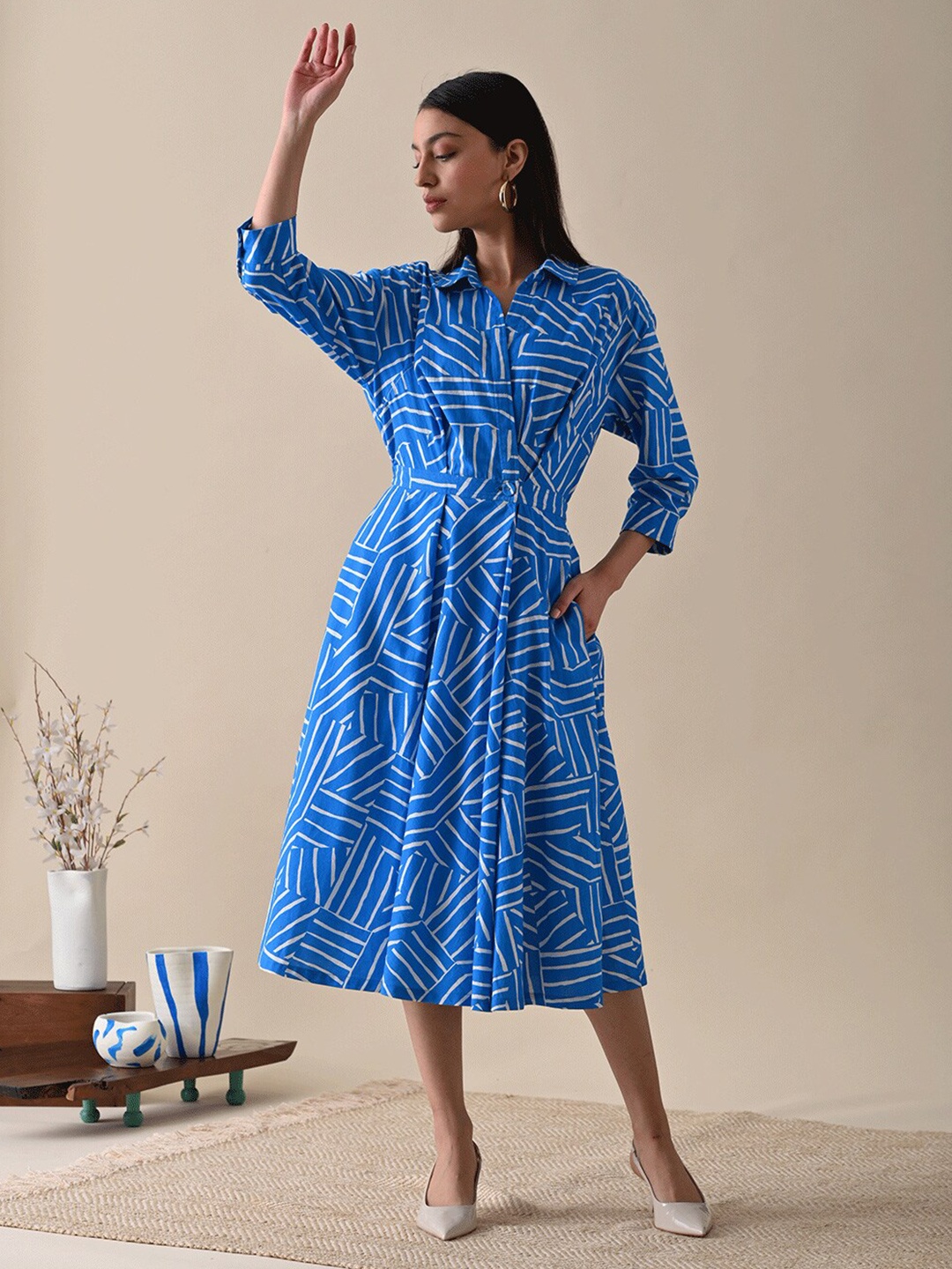 

Kanelle Geometric Printed Fit & Flare Cotton Midi Dress, Blue