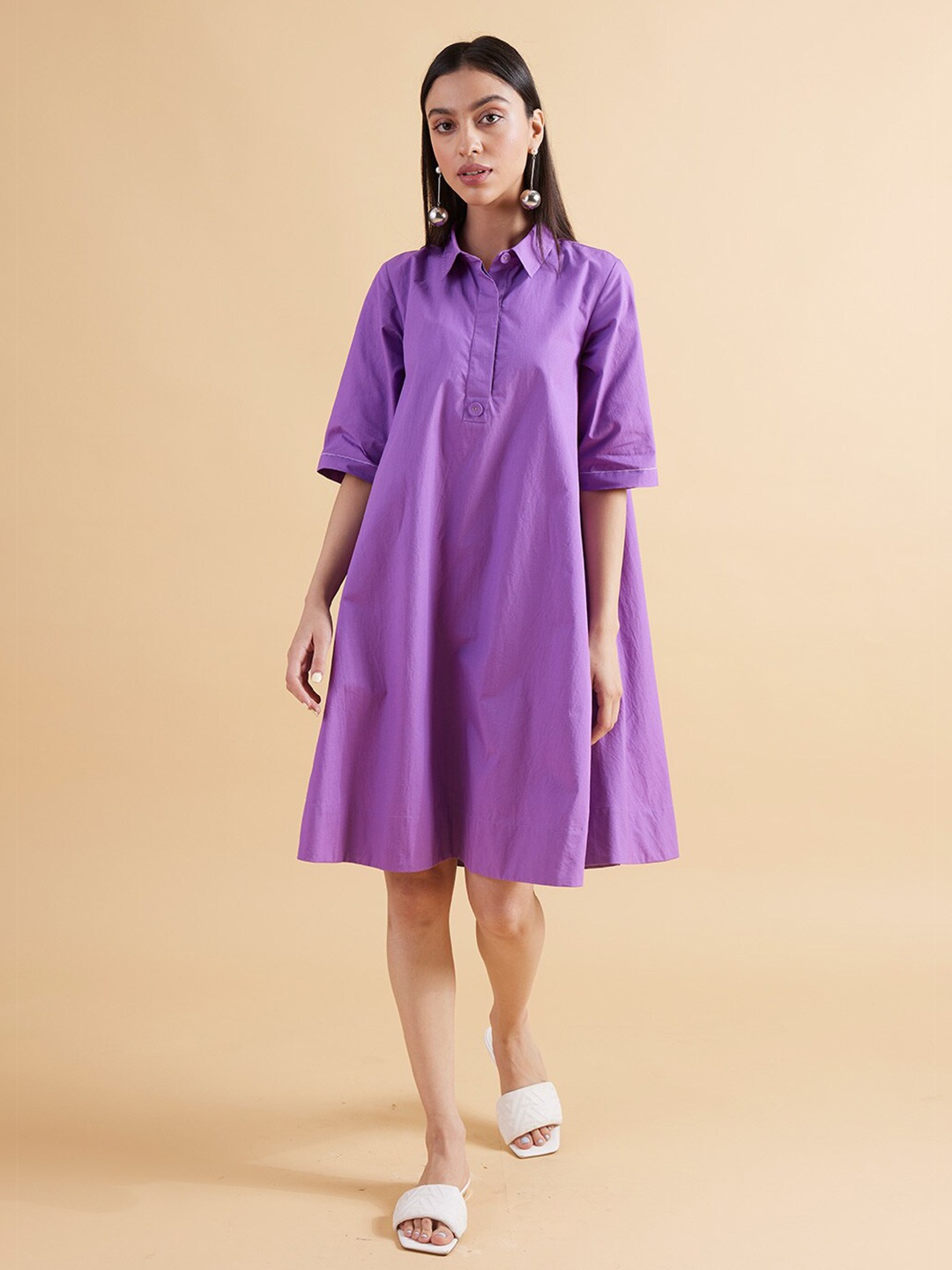 

Kanelle Shirt Collar A-Line Knee Length Dress, Purple