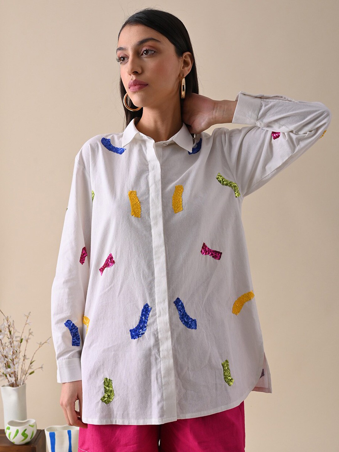 

Kanelle Sequined Cotton Shirt Style Top, Off white