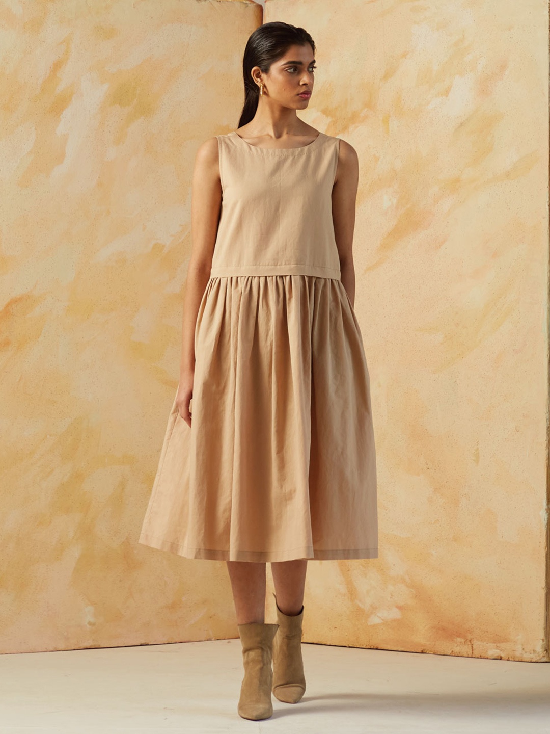 

Kanelle Sleeveless Pleated Cotton A-Line Midi Dress, Beige