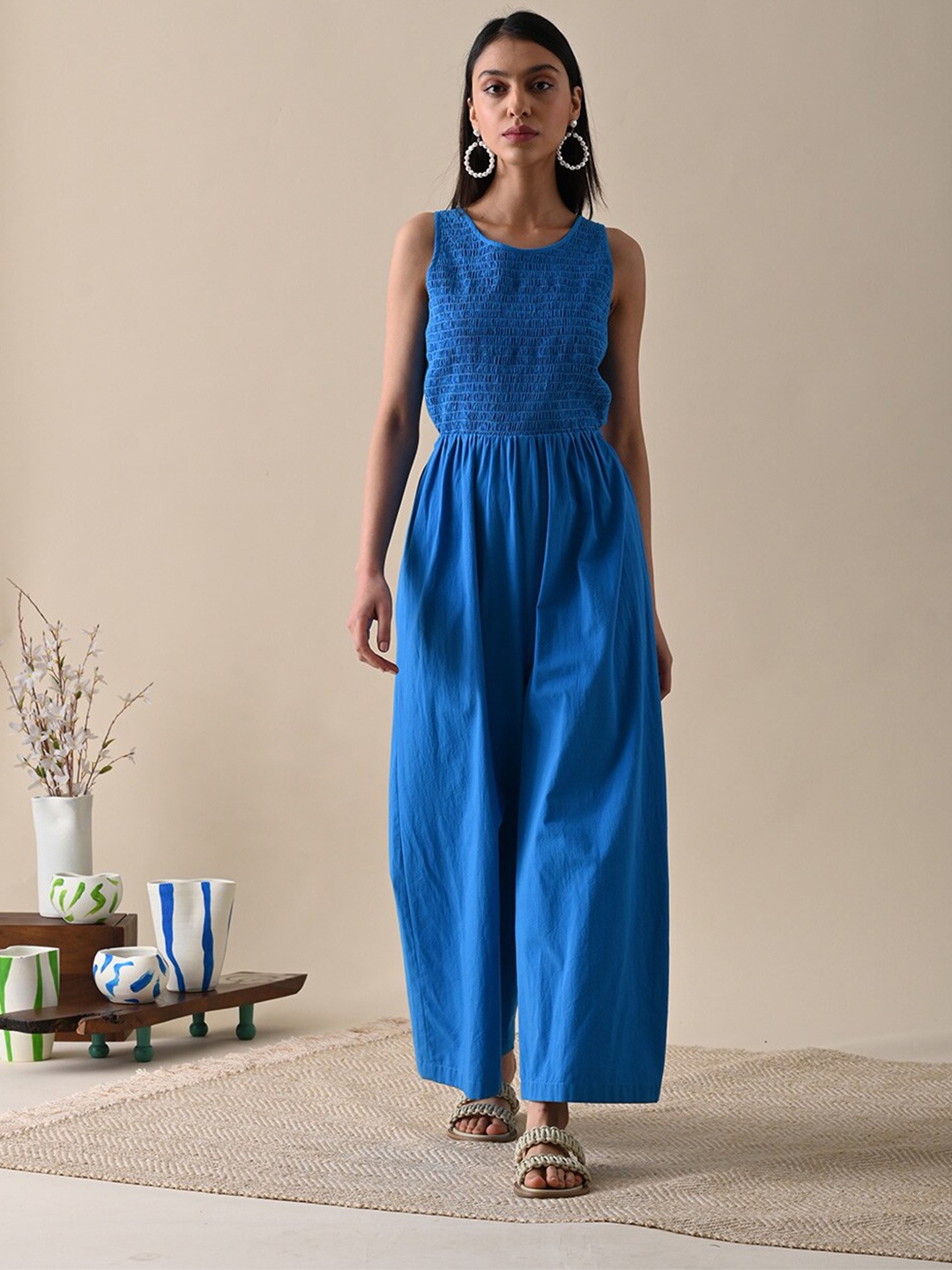 

Kanelle Round Neck Cotton Basic Jumpsuit, Blue