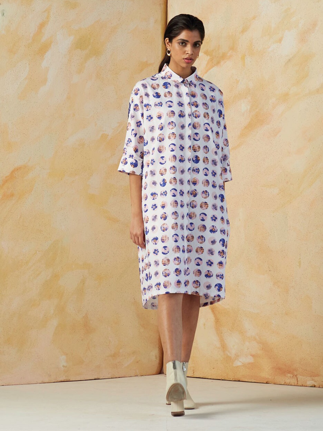 

Kanelle Geometric Printed Shirt Midi Dress, White