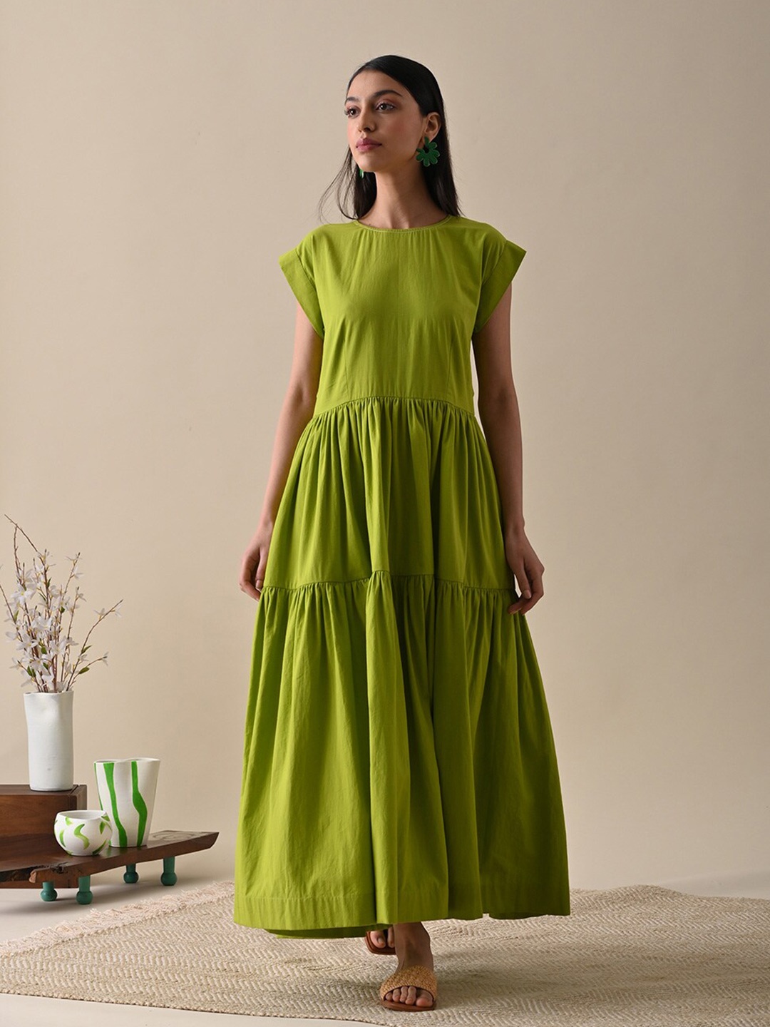 

Kanelle Extended Sleeves Tie-Up Tiered Organic Cotton A-Line Maxi Dress, Green